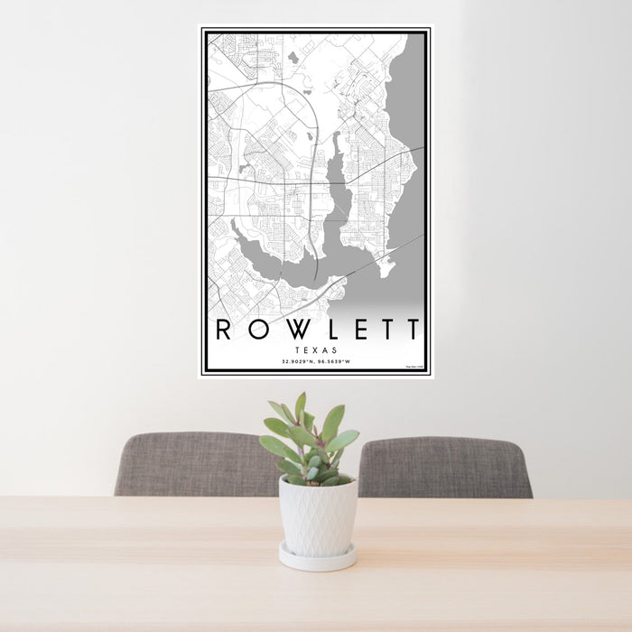 24x36 Rowlett Texas Map Print Portrait Orientation in Classic Style Behind 2 Chairs Table and Potted Plant