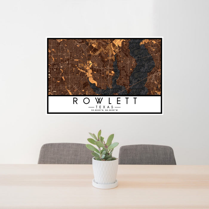 24x36 Rowlett Texas Map Print Lanscape Orientation in Ember Style Behind 2 Chairs Table and Potted Plant