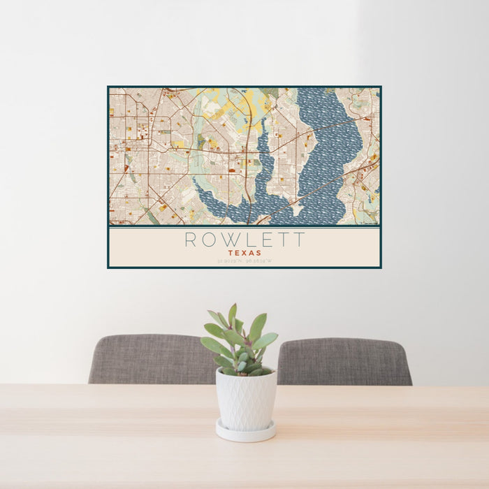 24x36 Rowlett Texas Map Print Lanscape Orientation in Woodblock Style Behind 2 Chairs Table and Potted Plant