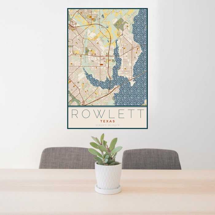24x36 Rowlett Texas Map Print Portrait Orientation in Woodblock Style Behind 2 Chairs Table and Potted Plant
