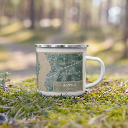 Right View Custom Rowlett Texas Map Enamel Mug in Afternoon on Grass With Trees in Background