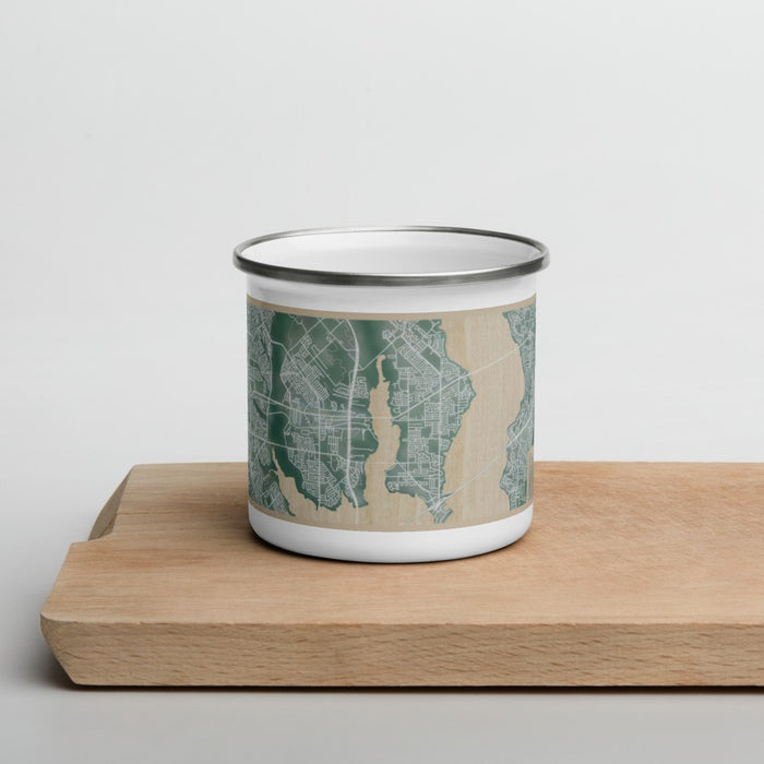 Front View Custom Rowlett Texas Map Enamel Mug in Afternoon on Cutting Board