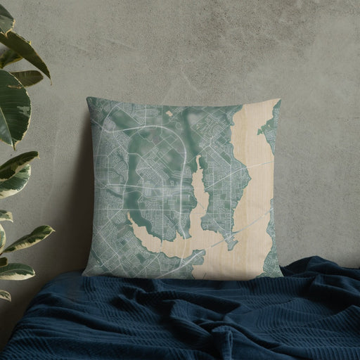 Custom Rowlett Texas Map Throw Pillow in Afternoon on Bedding Against Wall