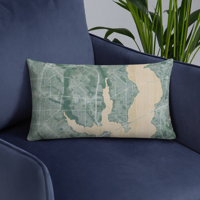 Custom Rowlett Texas Map Throw Pillow in Afternoon on Blue Colored Chair