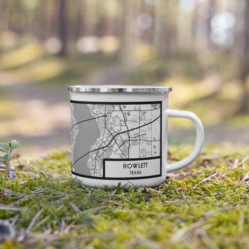 Right View Custom Rowlett Texas Map Enamel Mug in Classic on Grass With Trees in Background