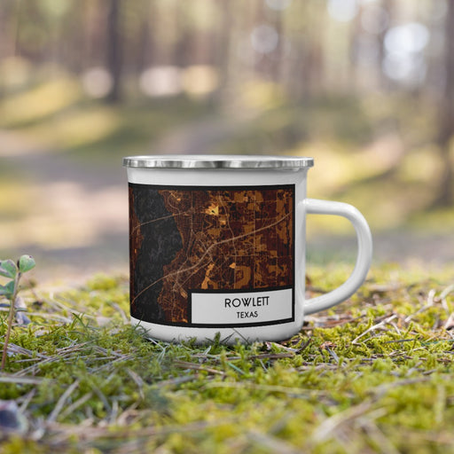Right View Custom Rowlett Texas Map Enamel Mug in Ember on Grass With Trees in Background