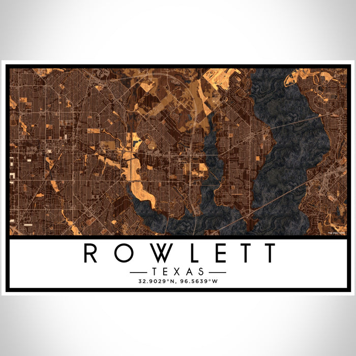 Rowlett Texas Map Print Landscape Orientation in Ember Style With Shaded Background