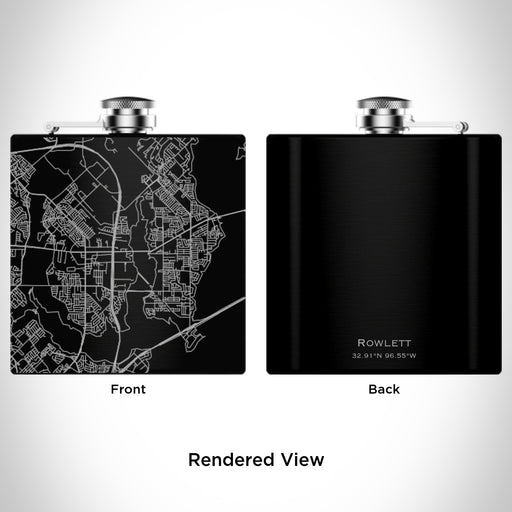 Rendered View of Rowlett Texas Map Engraving on 6oz Stainless Steel Flask in Black