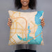Person holding 18x18 Custom Rowlett Texas Map Throw Pillow in Watercolor