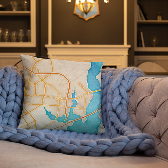 Custom Rowlett Texas Map Throw Pillow in Watercolor on Cream Colored Couch