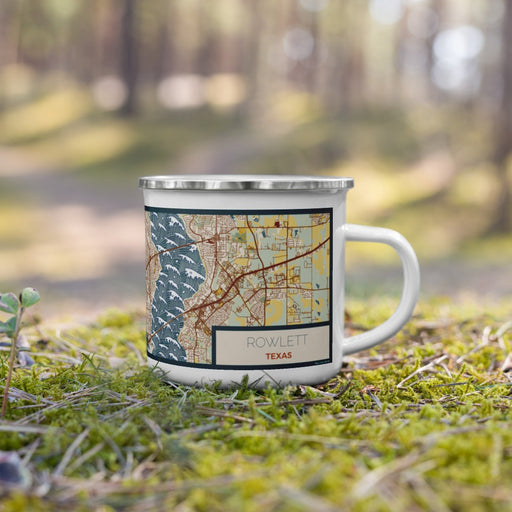 Right View Custom Rowlett Texas Map Enamel Mug in Woodblock on Grass With Trees in Background