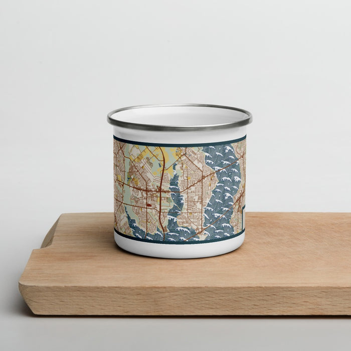 Front View Custom Rowlett Texas Map Enamel Mug in Woodblock on Cutting Board