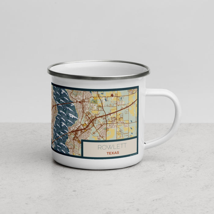 Right View Custom Rowlett Texas Map Enamel Mug in Woodblock