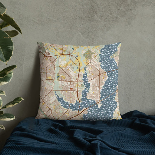 Custom Rowlett Texas Map Throw Pillow in Woodblock on Bedding Against Wall