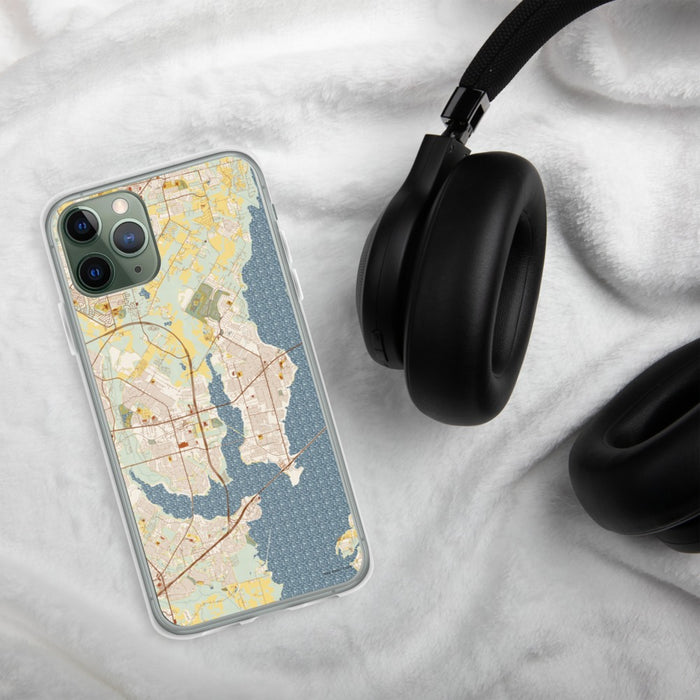 Custom Rowlett Texas Map Phone Case in Woodblock on Table with Black Headphones