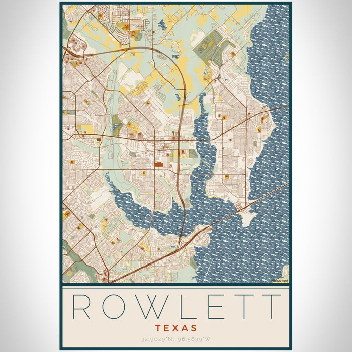 Rowlett Texas Map Print Portrait Orientation in Woodblock Style With Shaded Background