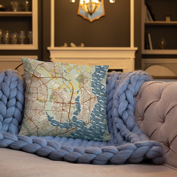 Custom Rowlett Texas Map Throw Pillow in Woodblock on Cream Colored Couch