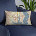 Custom Rowlett Texas Map Throw Pillow in Woodblock on Blue Colored Chair