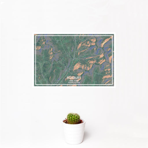 12x18 Roxbury New York Map Print Landscape Orientation in Afternoon Style With Small Cactus Plant in White Planter