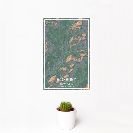 12x18 Roxbury New York Map Print Portrait Orientation in Afternoon Style With Small Cactus Plant in White Planter