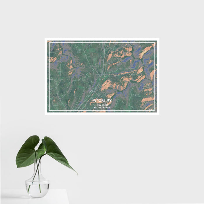 16x24 Roxbury New York Map Print Landscape Orientation in Afternoon Style With Tropical Plant Leaves in Water