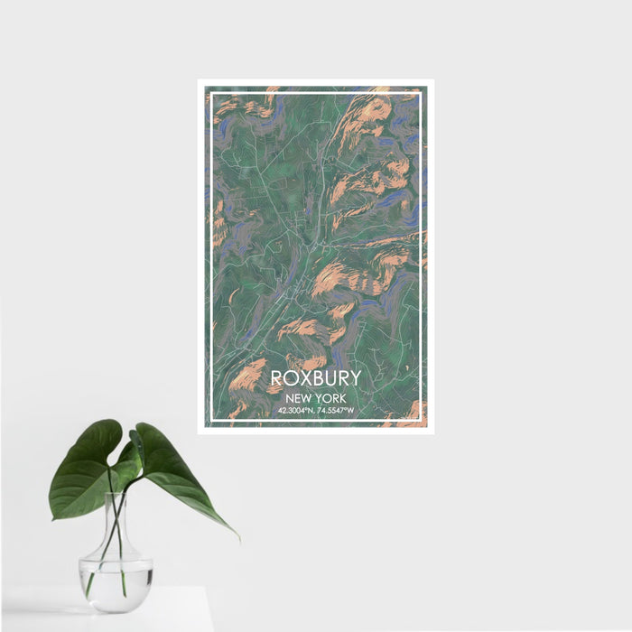 16x24 Roxbury New York Map Print Portrait Orientation in Afternoon Style With Tropical Plant Leaves in Water