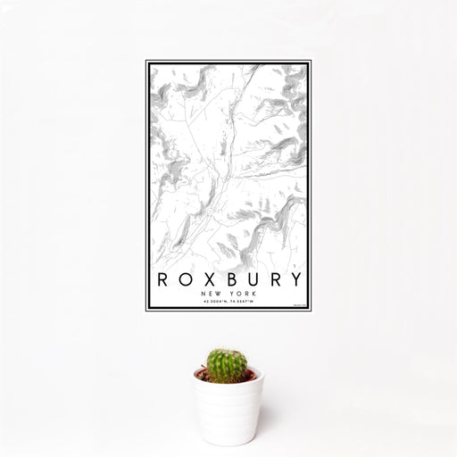 12x18 Roxbury New York Map Print Portrait Orientation in Classic Style With Small Cactus Plant in White Planter