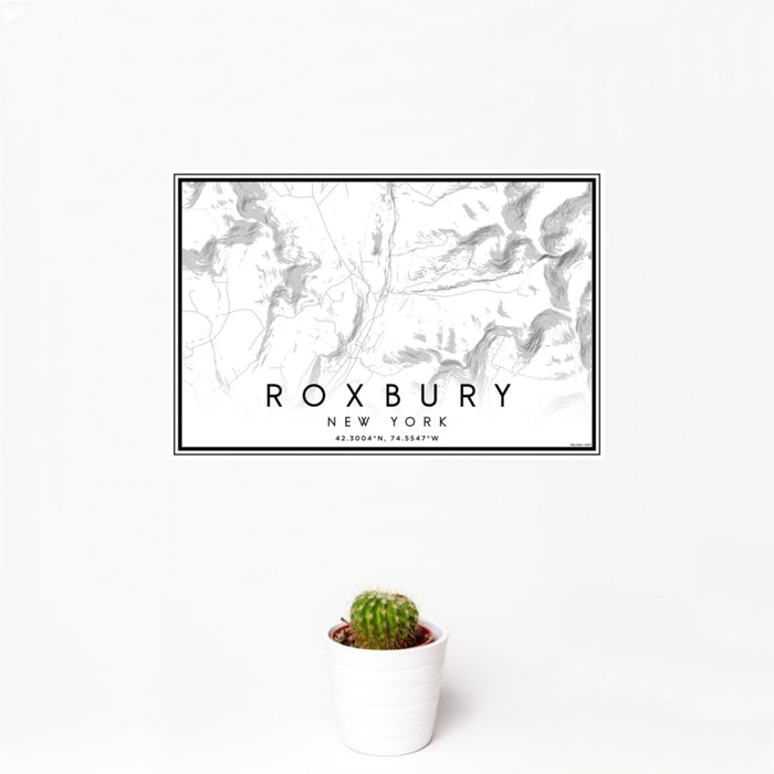 12x18 Roxbury New York Map Print Landscape Orientation in Classic Style With Small Cactus Plant in White Planter