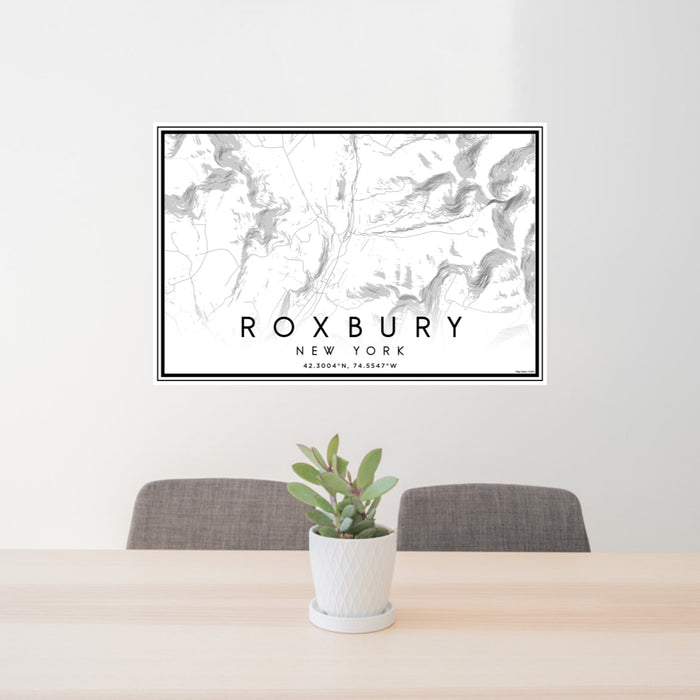 24x36 Roxbury New York Map Print Landscape Orientation in Classic Style Behind 2 Chairs Table and Potted Plant