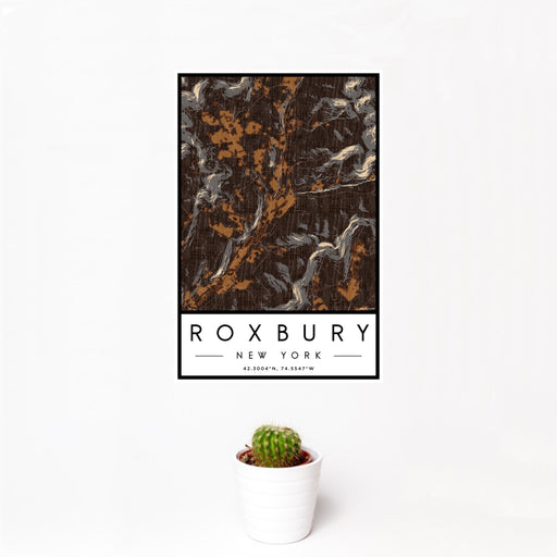 12x18 Roxbury New York Map Print Portrait Orientation in Ember Style With Small Cactus Plant in White Planter