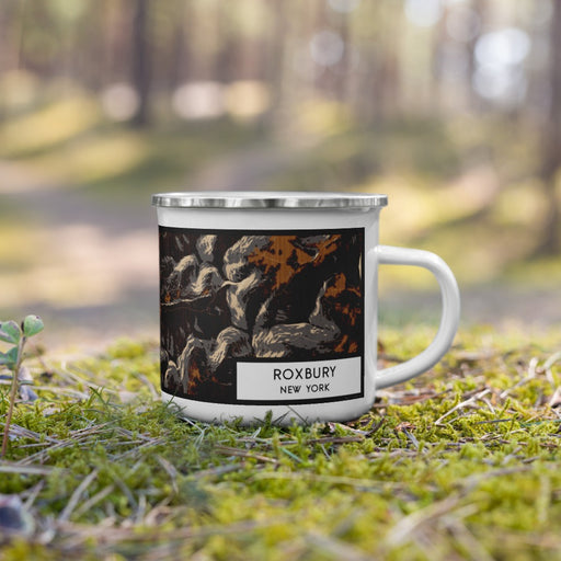Right View Custom Roxbury New York Map Enamel Mug in Ember on Grass With Trees in Background