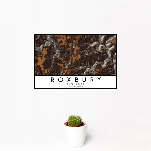 12x18 Roxbury New York Map Print Landscape Orientation in Ember Style With Small Cactus Plant in White Planter