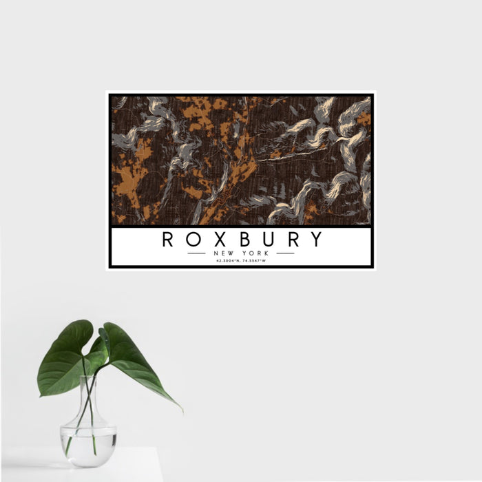 16x24 Roxbury New York Map Print Landscape Orientation in Ember Style With Tropical Plant Leaves in Water