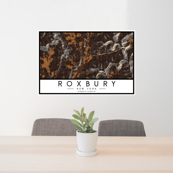 24x36 Roxbury New York Map Print Landscape Orientation in Ember Style Behind 2 Chairs Table and Potted Plant