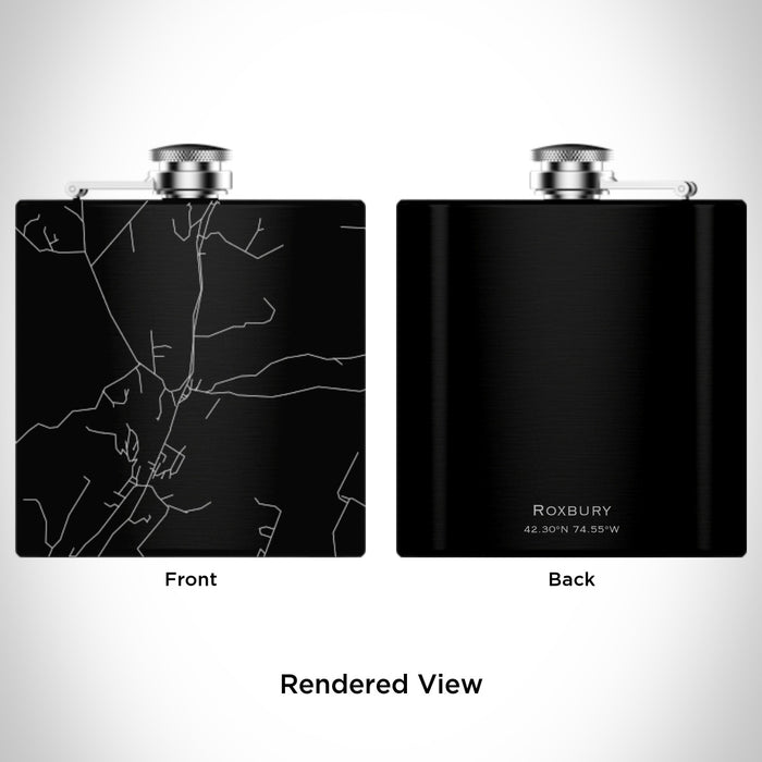 Rendered View of Roxbury New York Map Engraving on 6oz Stainless Steel Flask in Black