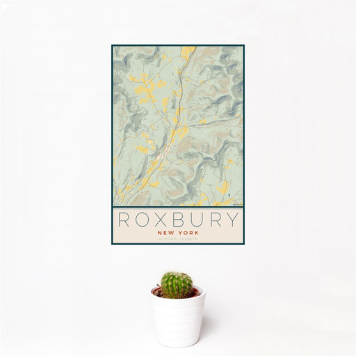 12x18 Roxbury New York Map Print Portrait Orientation in Woodblock Style With Small Cactus Plant in White Planter