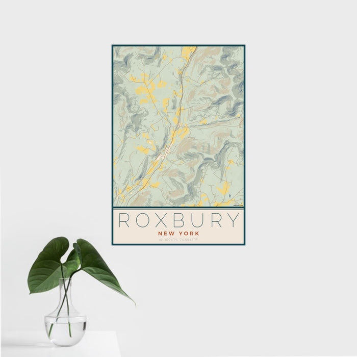 16x24 Roxbury New York Map Print Portrait Orientation in Woodblock Style With Tropical Plant Leaves in Water