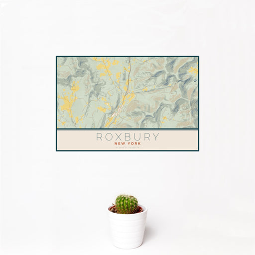 12x18 Roxbury New York Map Print Landscape Orientation in Woodblock Style With Small Cactus Plant in White Planter