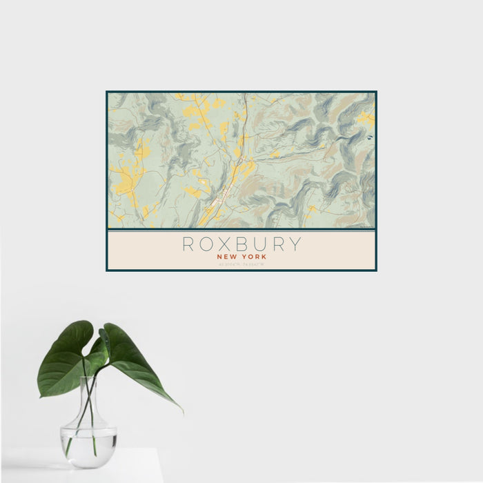 16x24 Roxbury New York Map Print Landscape Orientation in Woodblock Style With Tropical Plant Leaves in Water