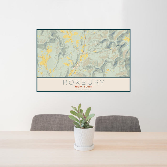 24x36 Roxbury New York Map Print Landscape Orientation in Woodblock Style Behind 2 Chairs Table and Potted Plant