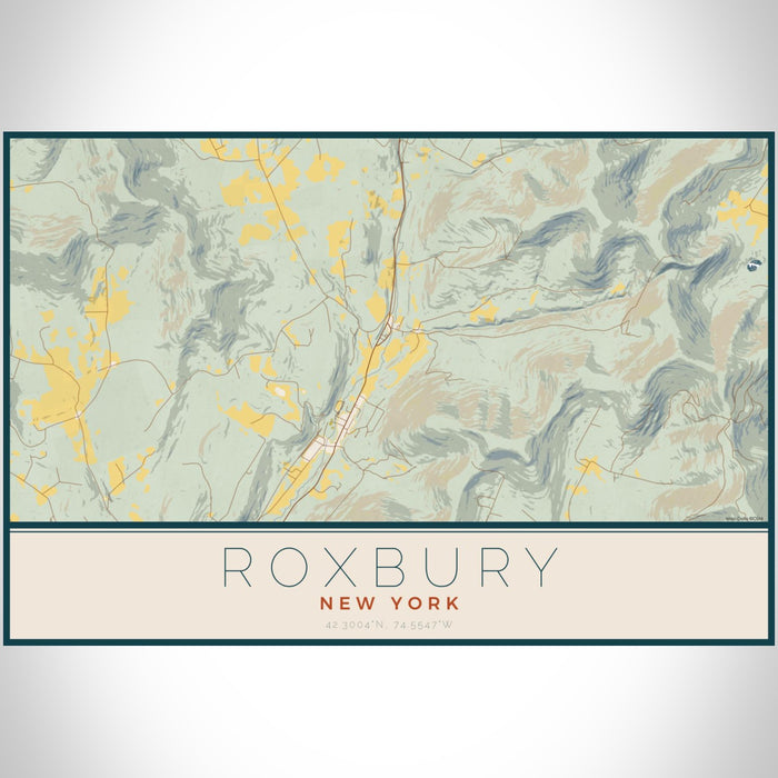 Roxbury New York Map Print Landscape Orientation in Woodblock Style With Shaded Background