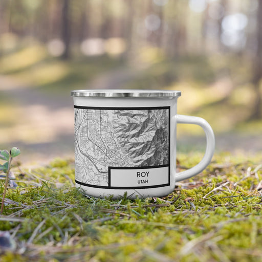 Right View Custom Roy Utah Map Enamel Mug in Classic on Grass With Trees in Background