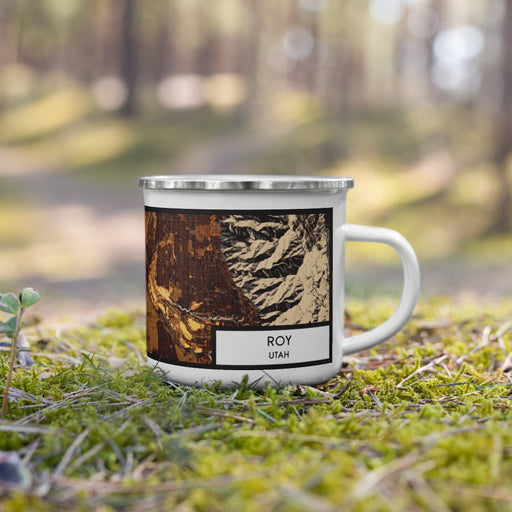 Right View Custom Roy Utah Map Enamel Mug in Ember on Grass With Trees in Background