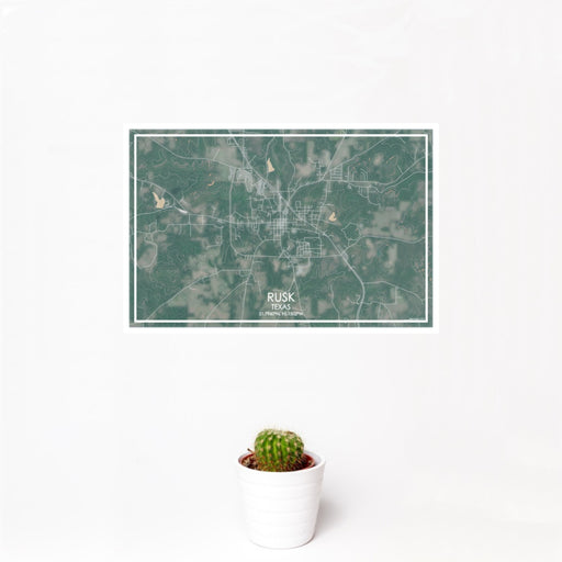12x18 Rusk Texas Map Print Landscape Orientation in Afternoon Style With Small Cactus Plant in White Planter