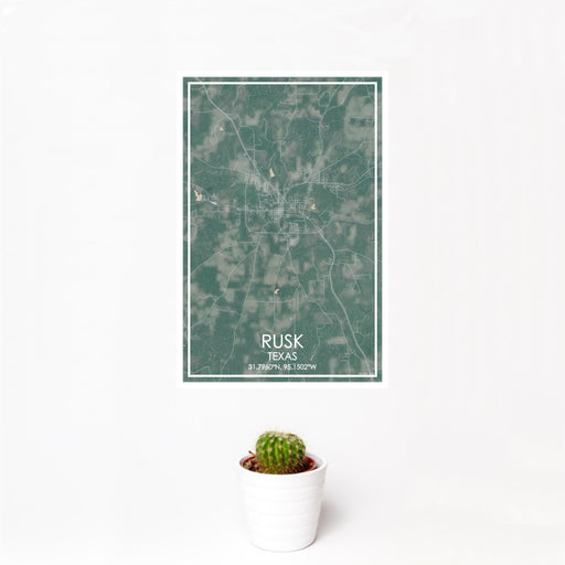 12x18 Rusk Texas Map Print Portrait Orientation in Afternoon Style With Small Cactus Plant in White Planter
