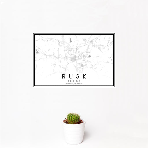12x18 Rusk Texas Map Print Landscape Orientation in Classic Style With Small Cactus Plant in White Planter