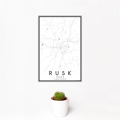 12x18 Rusk Texas Map Print Portrait Orientation in Classic Style With Small Cactus Plant in White Planter