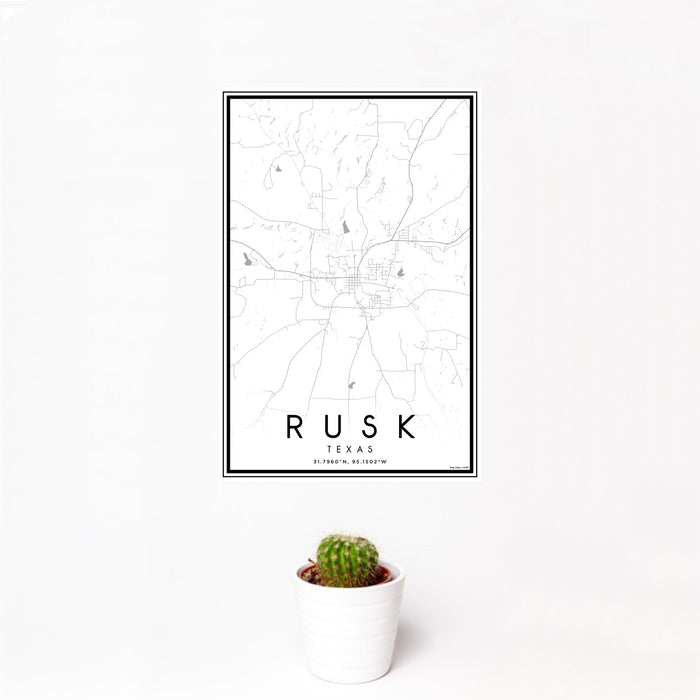 12x18 Rusk Texas Map Print Portrait Orientation in Classic Style With Small Cactus Plant in White Planter