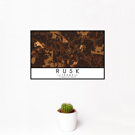 12x18 Rusk Texas Map Print Landscape Orientation in Ember Style With Small Cactus Plant in White Planter