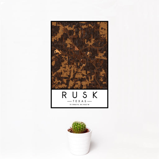 12x18 Rusk Texas Map Print Portrait Orientation in Ember Style With Small Cactus Plant in White Planter